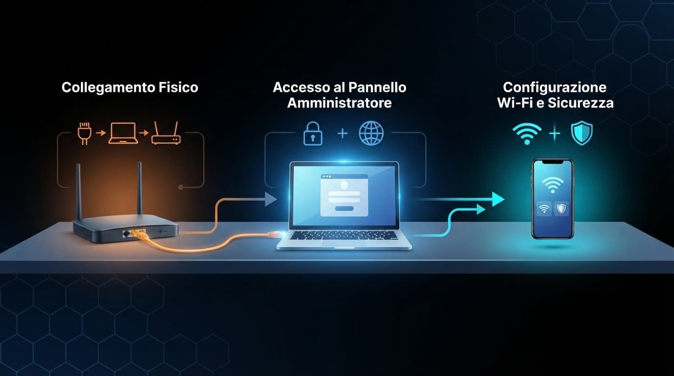 Diagramma con router, laptop e smartphone per configurare una rete Wi-Fi.