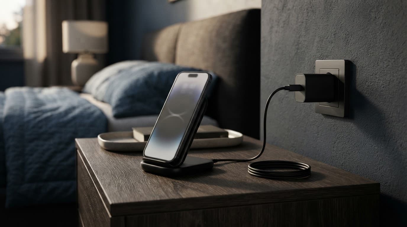 Smartphone, base wireless, alimentatore e cavo USB-C su un comodino.