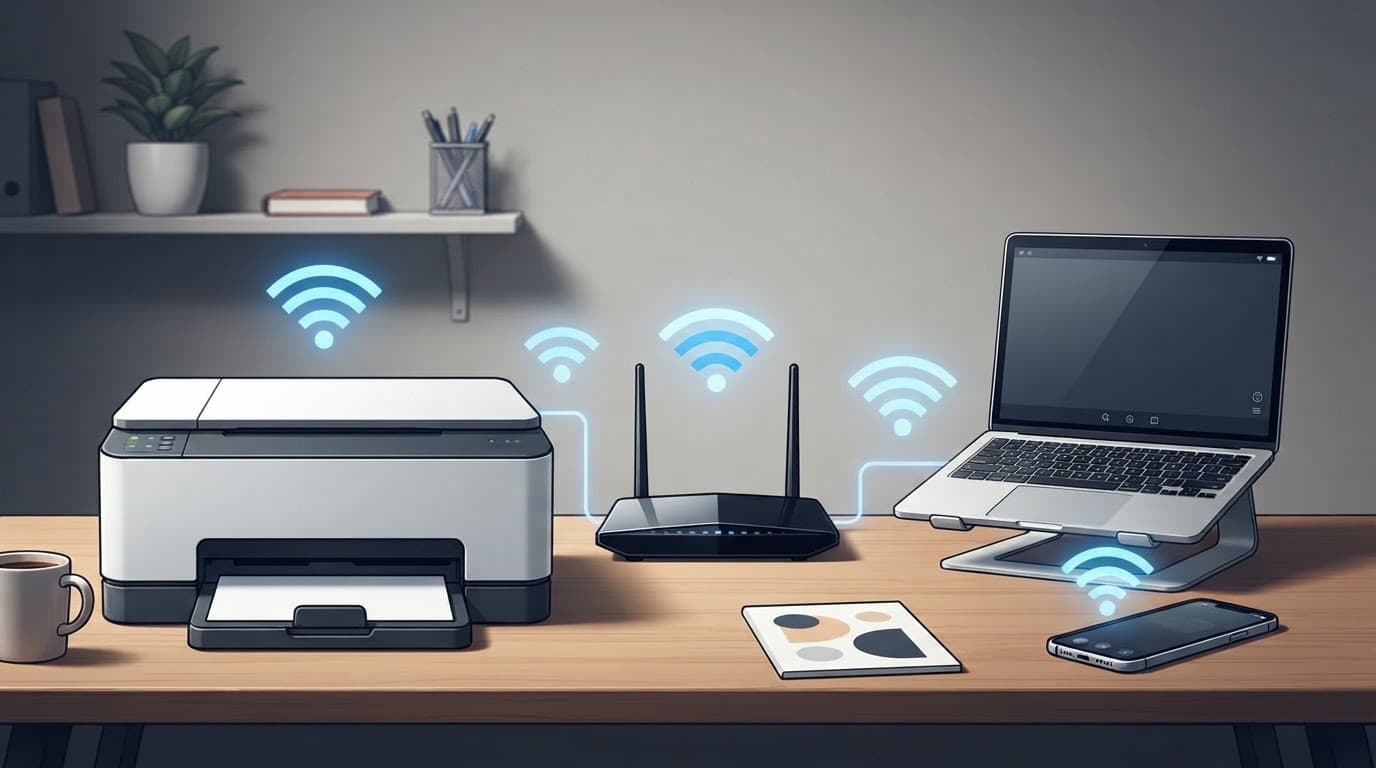 Stampante, router, laptop e smartphone collegati da segnali Wi-Fi su una scrivania.