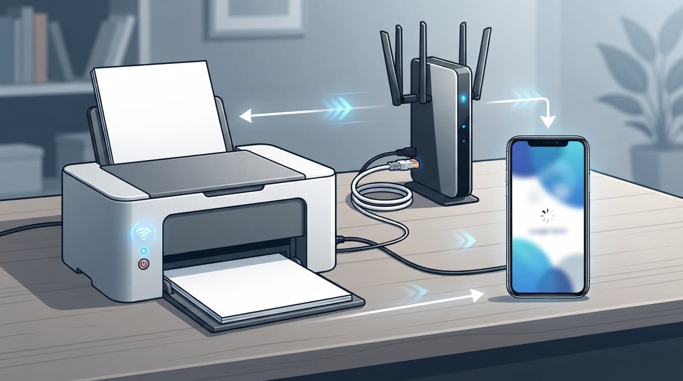 Stampante compatta accanto a router e smartphone su un tavolo domestico.