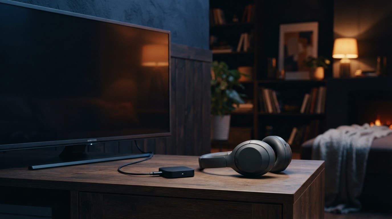 Televisore con cuffie wireless e piccolo trasmettitore Bluetooth in un soggiorno scuro.
