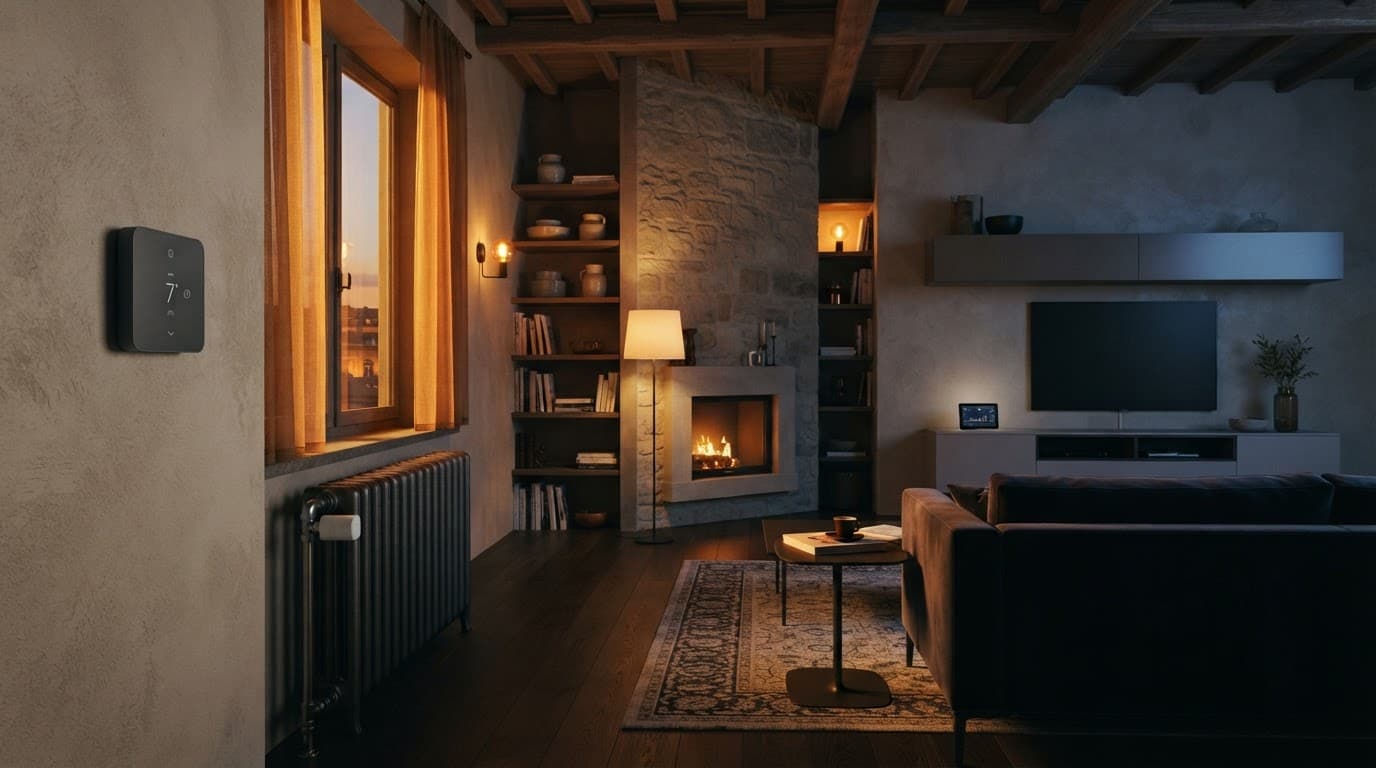 Soggiorno moderno con luci smart, termostato, valvola del radiatore e monitor dei consumi.