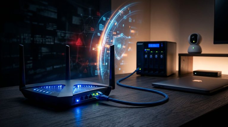 Router con luci blu, cavo Ethernet e barriera luminosa davanti a una rete domestica.