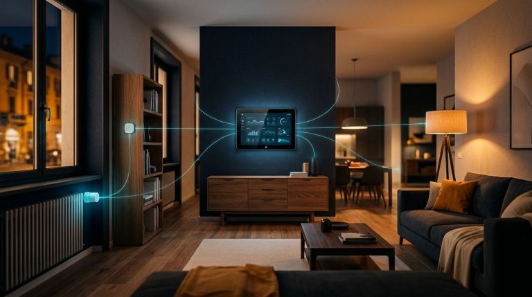 Soggiorno moderno con termostato digitale, valvole smart e sensori per il controllo del riscaldamento.