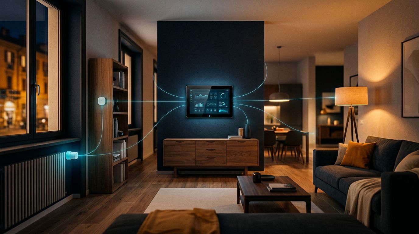 Soggiorno moderno con termostato digitale, valvole smart e sensori per il controllo del riscaldamento.