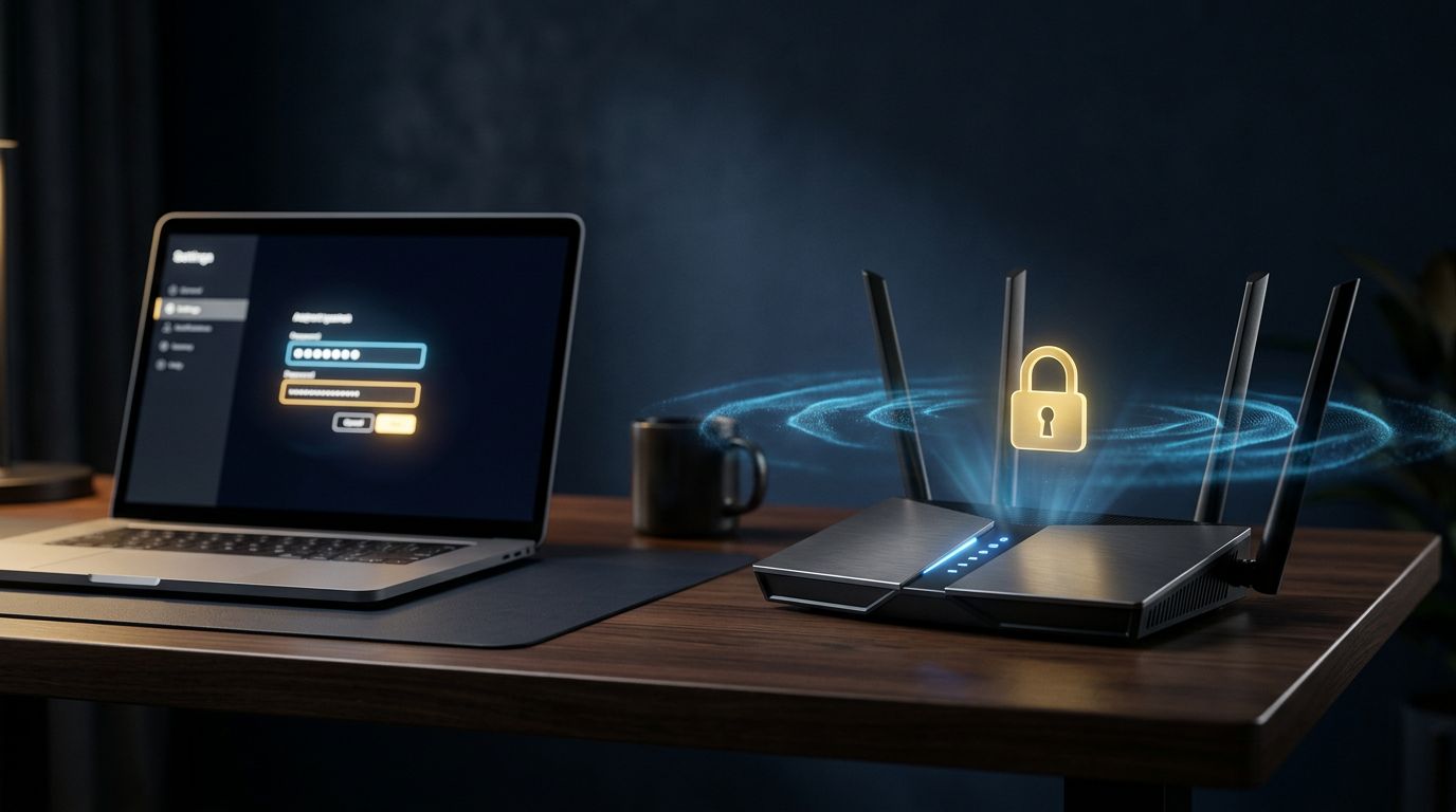 Router Wi‑Fi con onde blu, lucchetto dorato e laptop accanto.