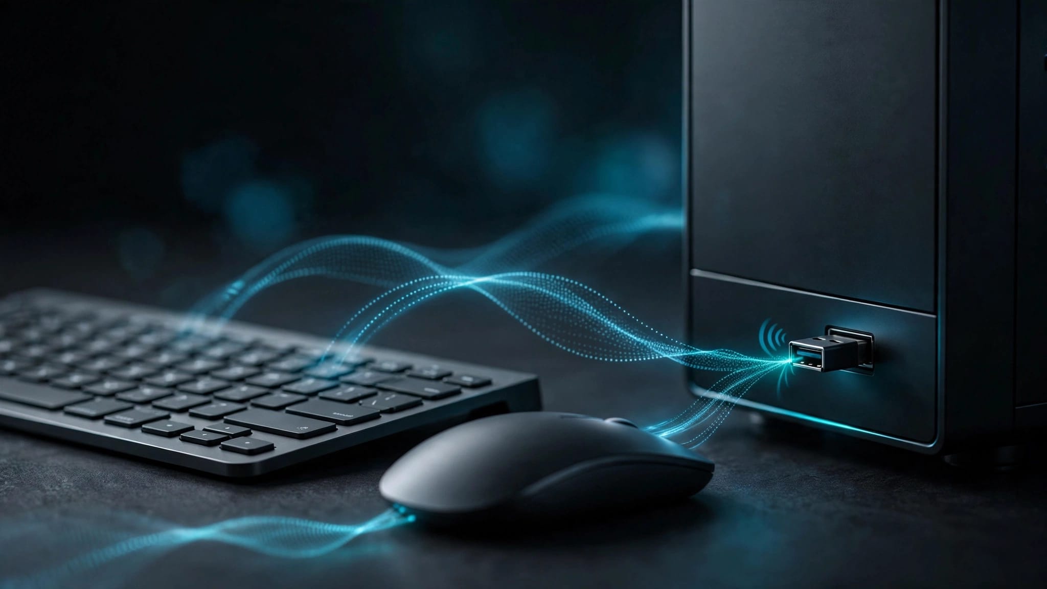 Mouse e tastiera wireless accanto a un PC, con ricevitore USB e segnale Bluetooth visibili.