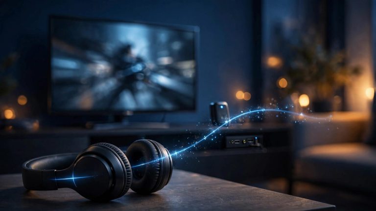 Cuffie wireless su un tavolino davanti a una TV accesa, collegate visivamente da una luce blu.