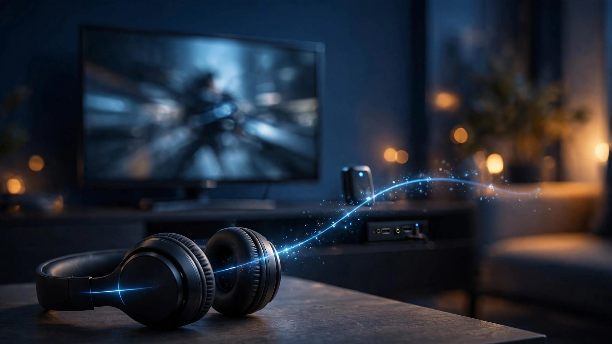 Cuffie wireless su un tavolino davanti a una TV accesa, collegate visivamente da una luce blu.