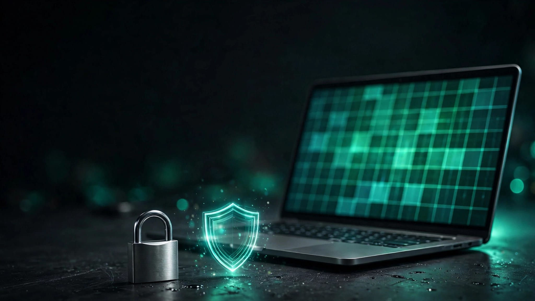 Laptop con griglia verde, lucchetto e scudo luminoso.