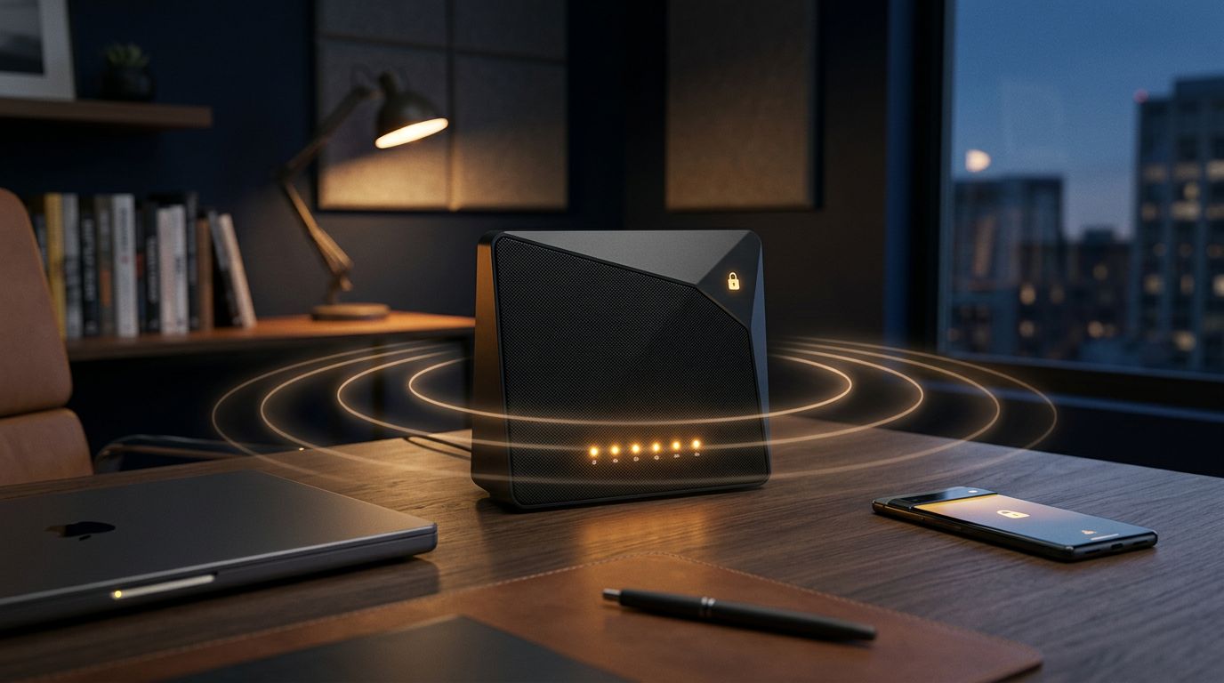 Router Wi-Fi con luci accese, lucchetto e segnali wireless verso laptop e smartphone.