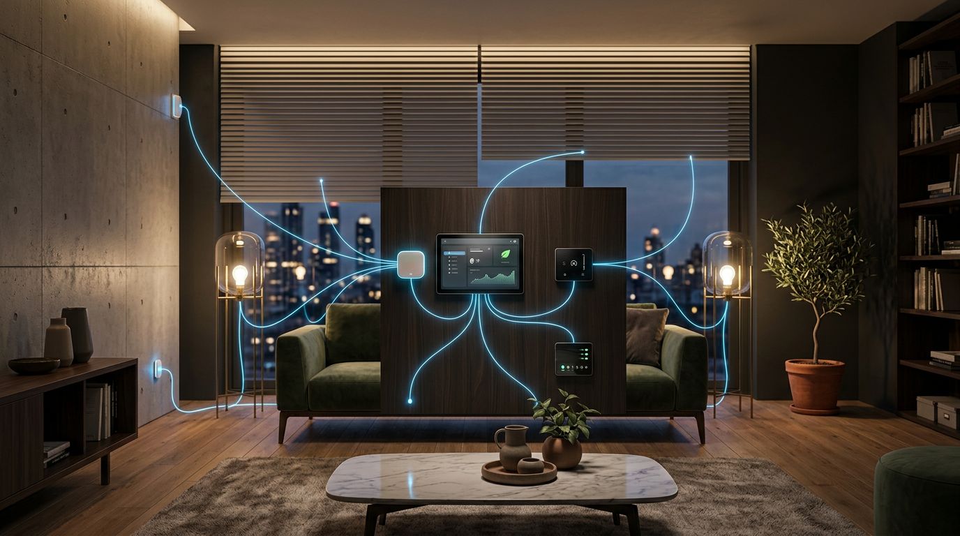 Soggiorno moderno con lampade smart, tende automatiche e pannello centrale per la gestione della casa.