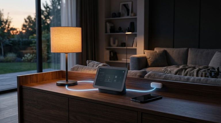 Hub domotico accanto a lampada smart, sensore per finestra e smartphone in un salotto moderno.
