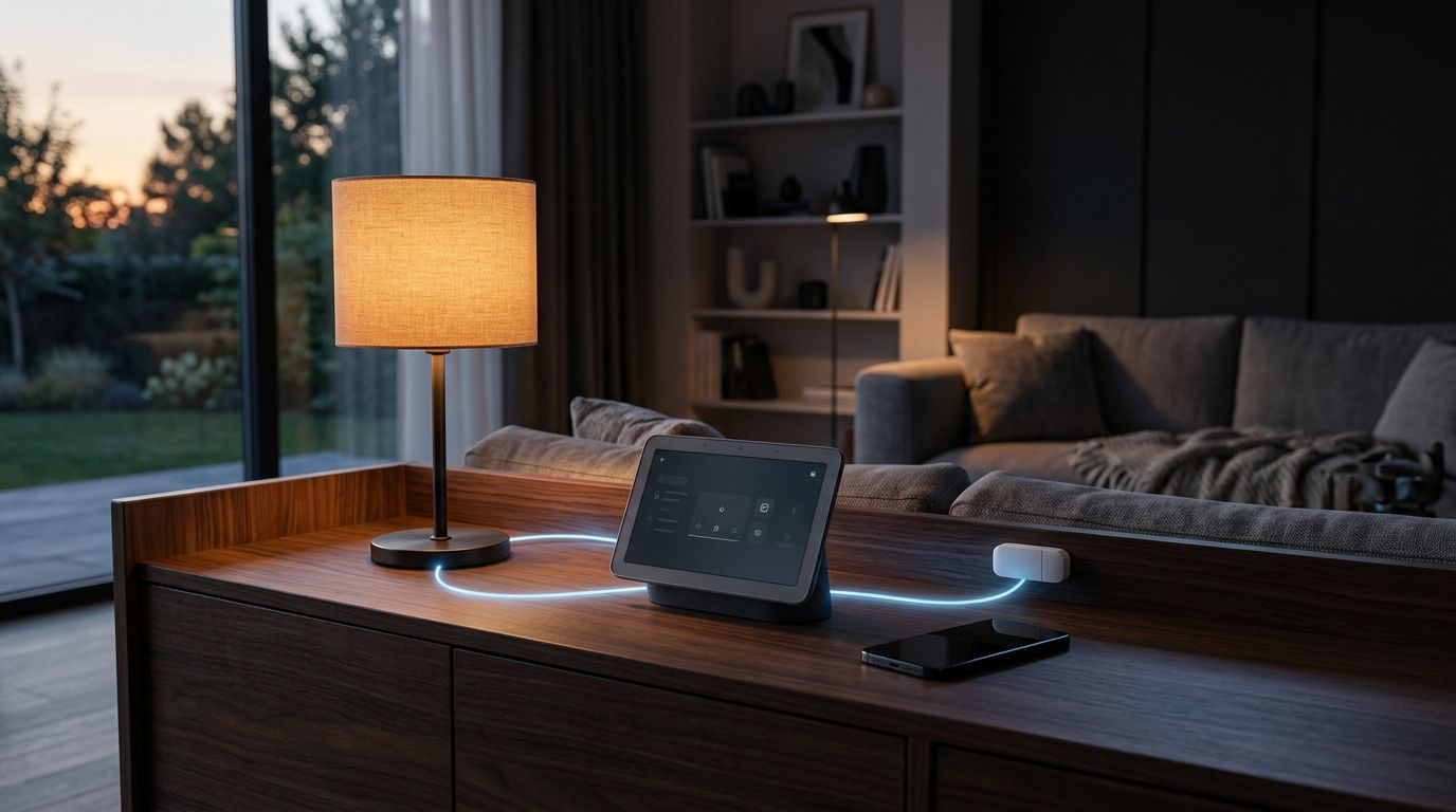 Hub domotico accanto a lampada smart, sensore per finestra e smartphone in un salotto moderno.