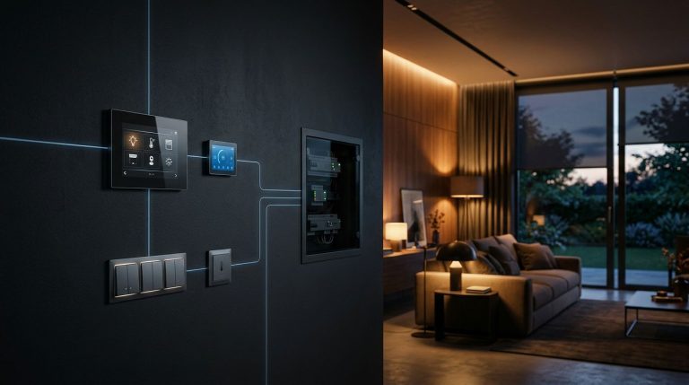 Pannello KNX, sensore e tende motorizzate in un soggiorno illuminato.