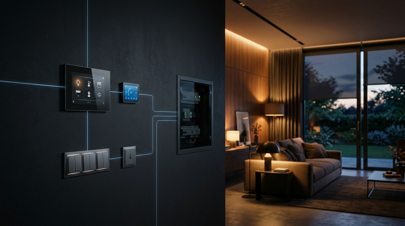 Pannello KNX, sensore e tende motorizzate in un soggiorno illuminato.