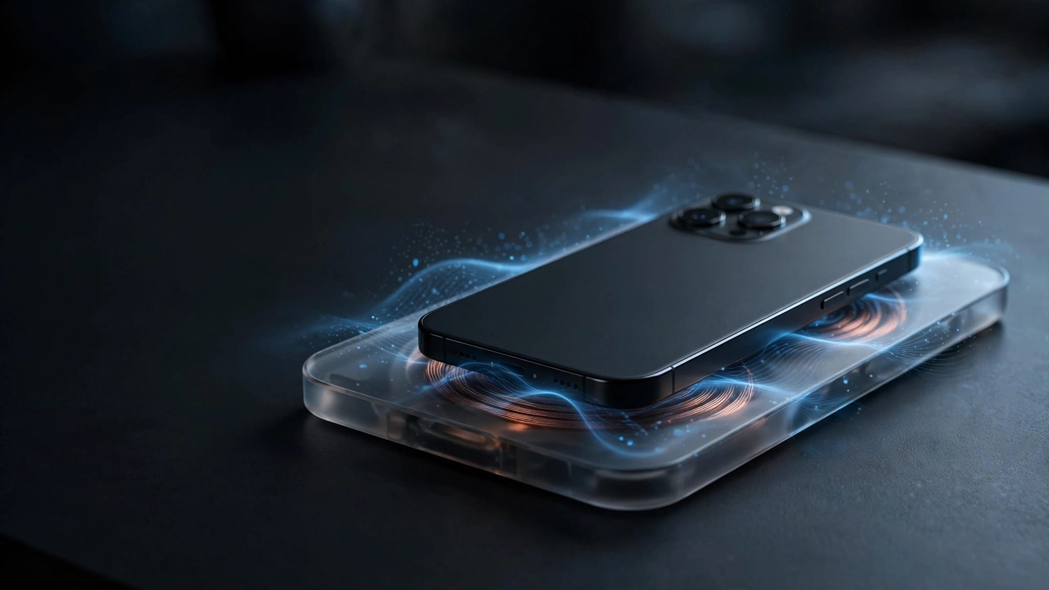 Smartphone appoggiato su una base wireless con onde luminose blu.
