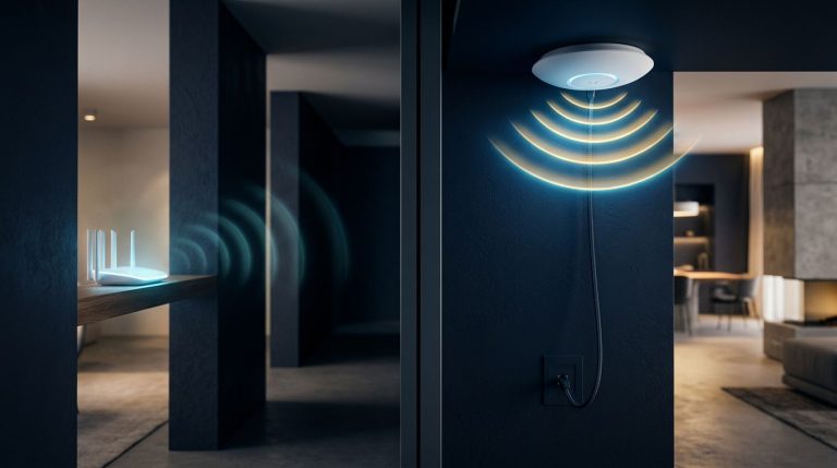 Router ripetitore a sinistra e access point cablato a destra, con segnali Wi-Fi di diversa intensità.