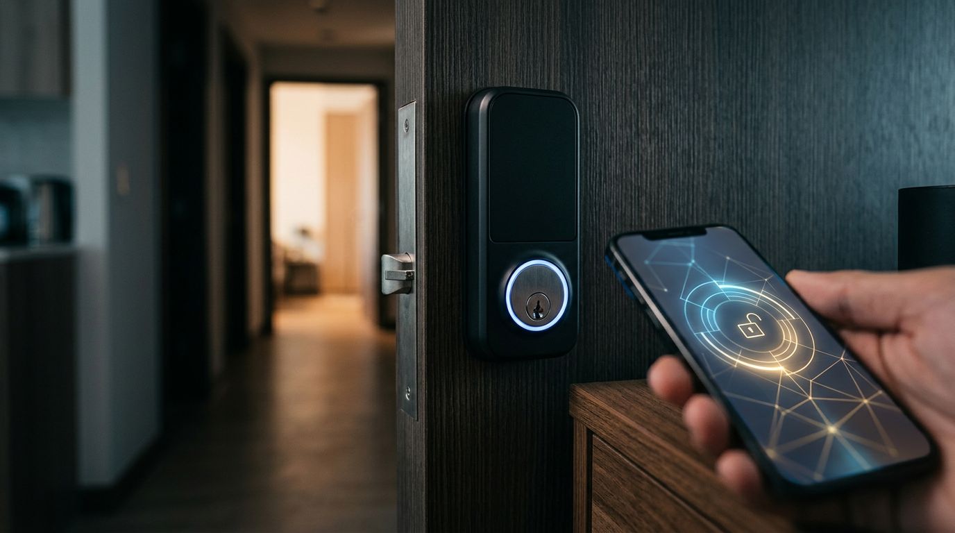Serratura smart nera con anello blu e smartphone accanto su una porta moderna.