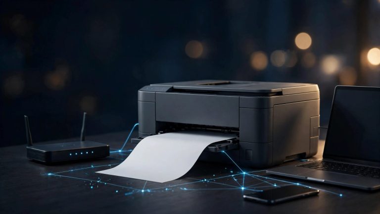 Stampante wireless accanto a router, laptop e smartphone collegati tramite Wi‑Fi.