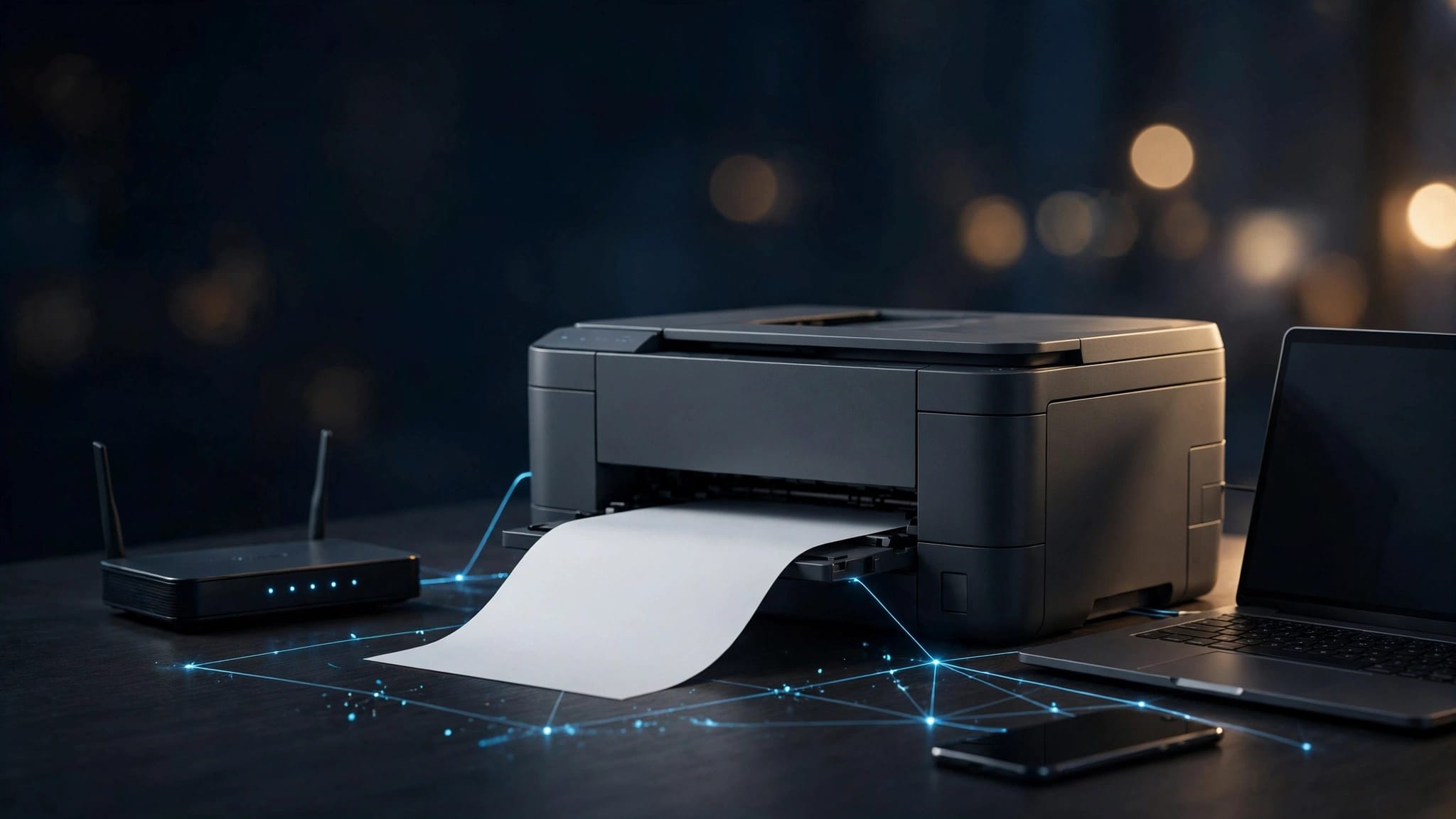 Stampante wireless accanto a router, laptop e smartphone collegati tramite Wi‑Fi.