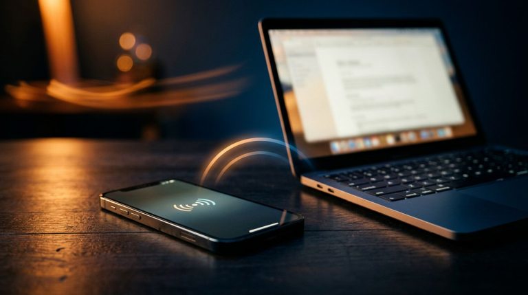 Smartphone accanto a un laptop con connessione Wi-Fi luminosa