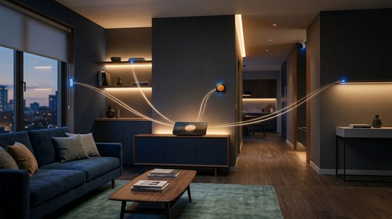 Soggiorno moderno con hub domotico luminoso, luci smart, tapparelle e sensori collegati.