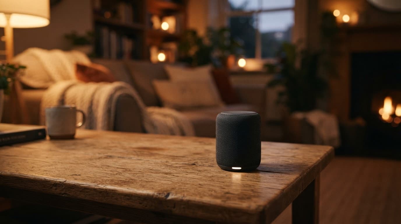 Un hub intelligente su un tavolo di legno in un soggiorno accogliente.