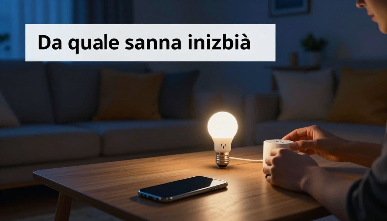 Smartphone, presa intelligente, lampadina e hub su un tavolo in un soggiorno italiano.