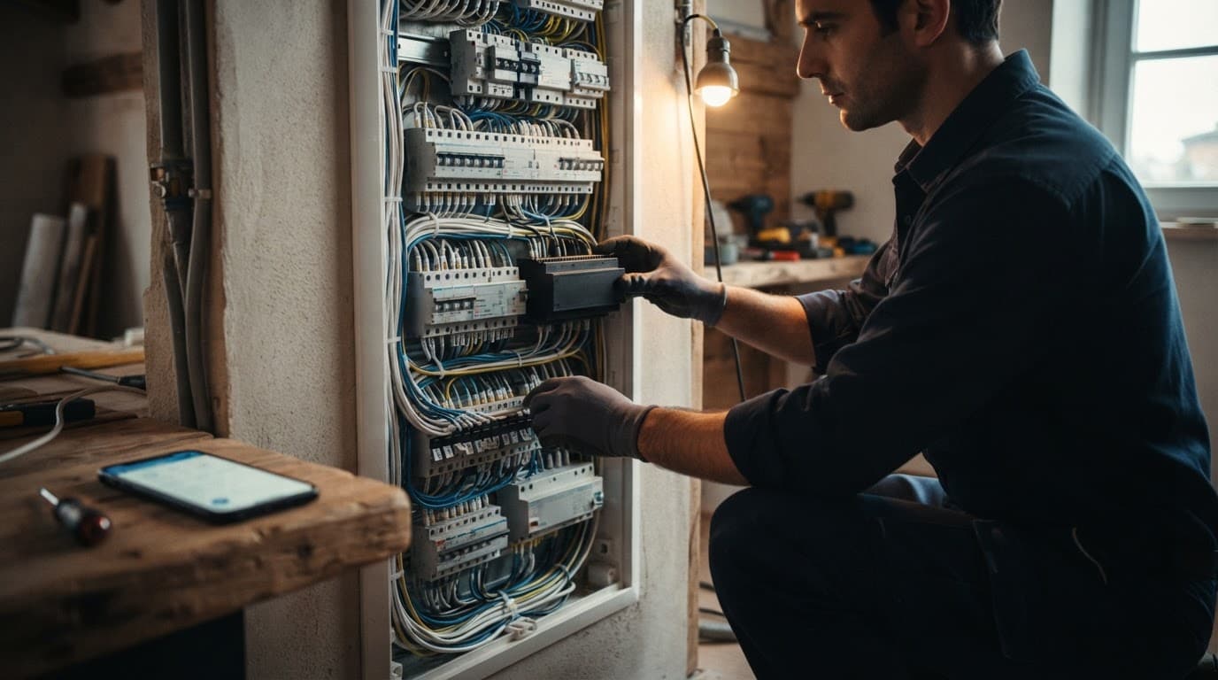 Elettricista installa moduli smart in un quadro aperto con cavi ordinati e smartphone vicino.