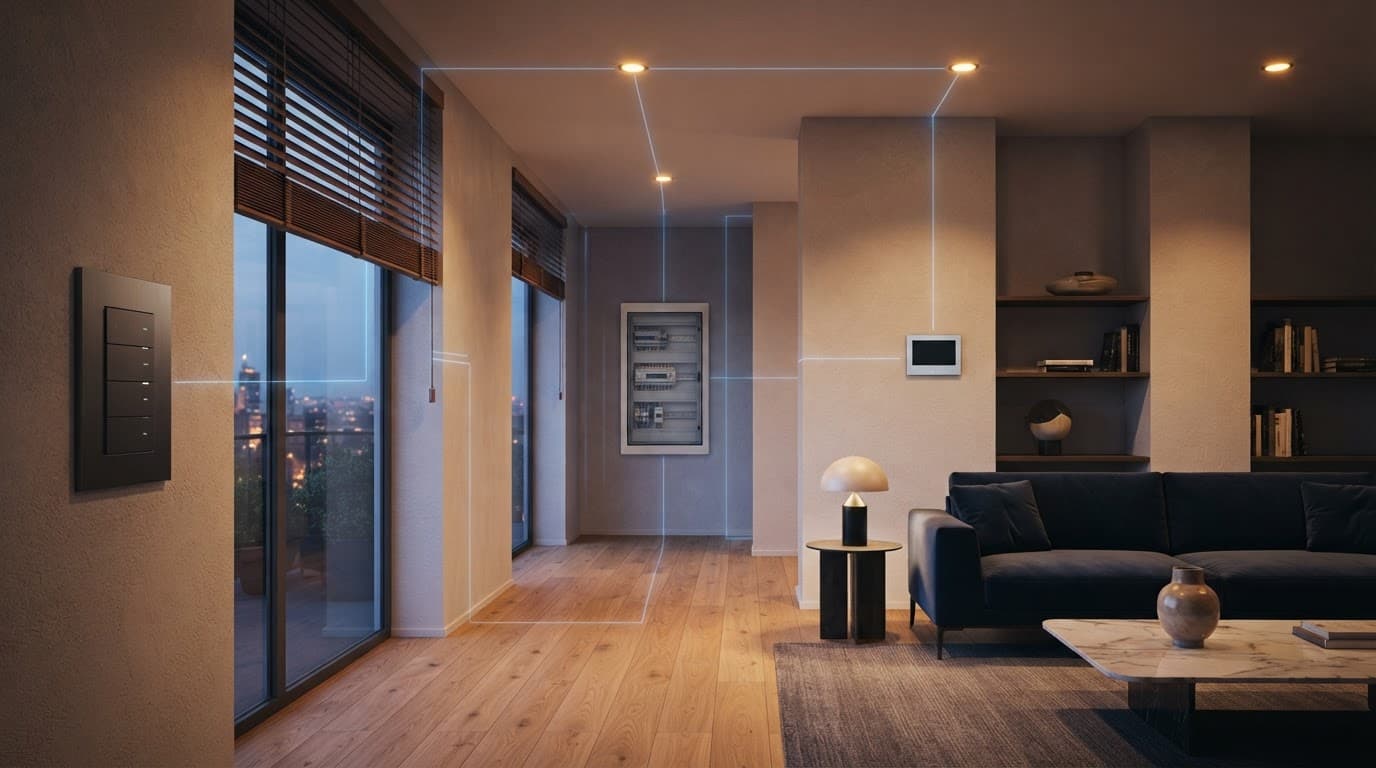 Soggiorno moderno con dispositivi KNX collegati al quadro elettrico.