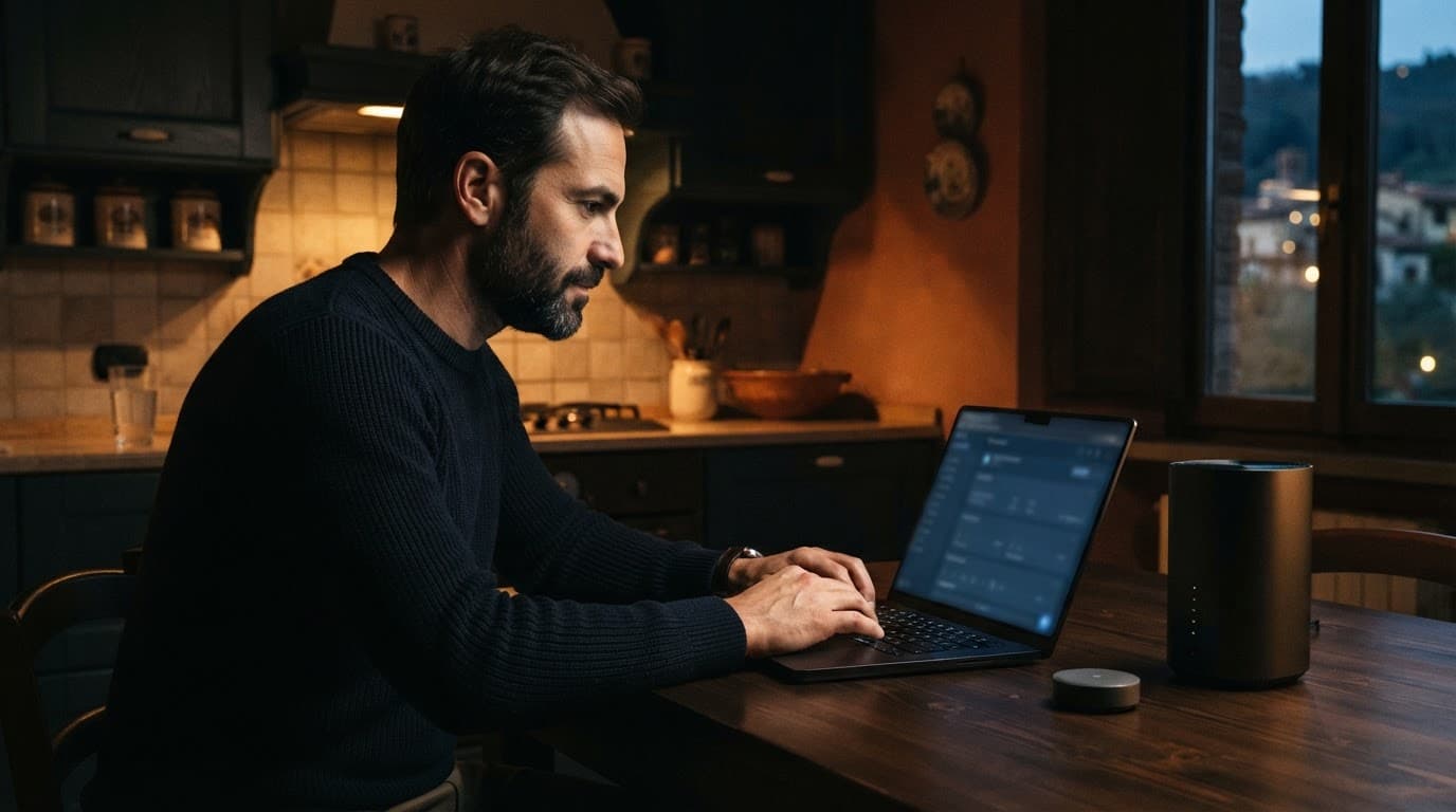 Un proprietario controlla il laptop con router e sensore su un tavolo da cucina.