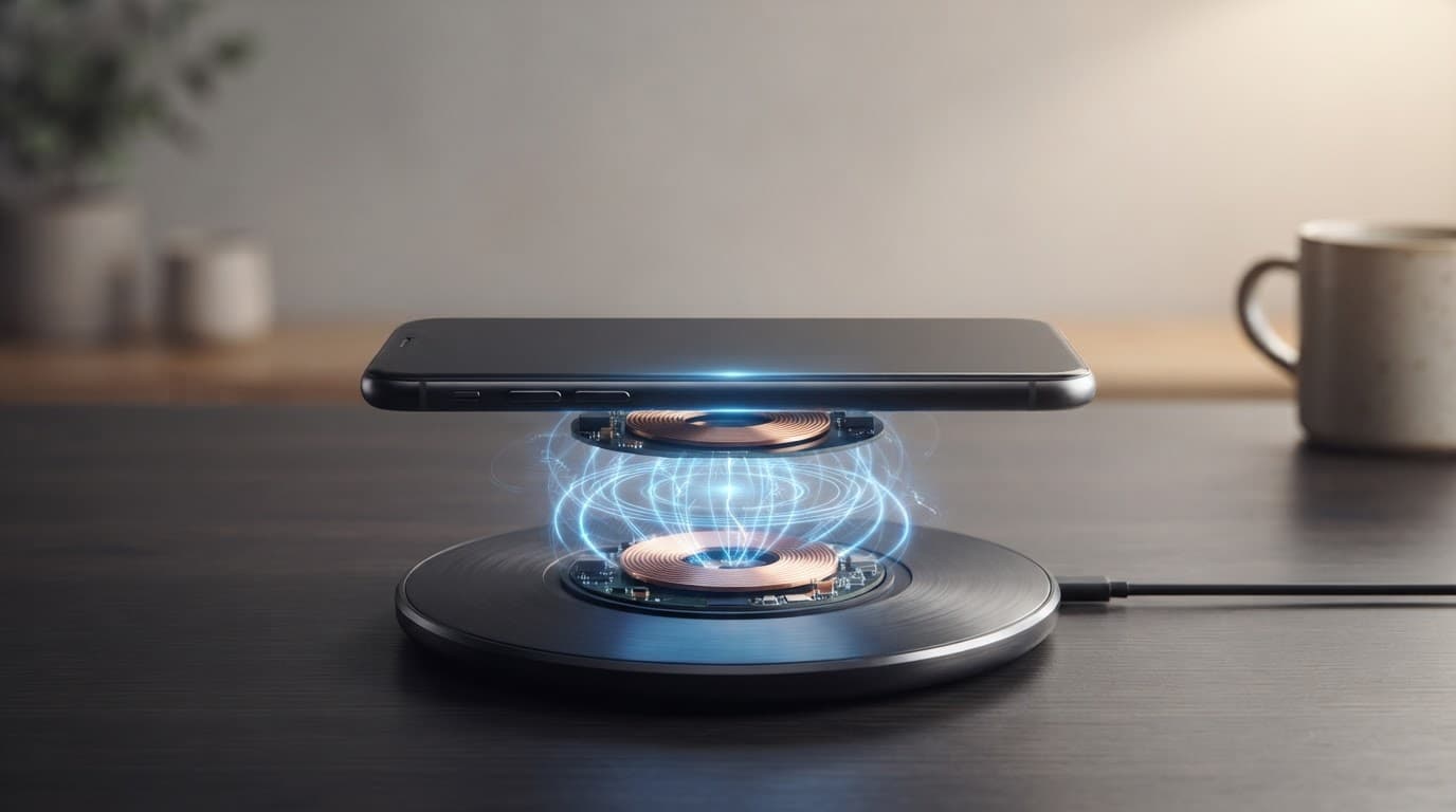 Smartphone su una base wireless con bobine allineate e onde elettromagnetiche blu.