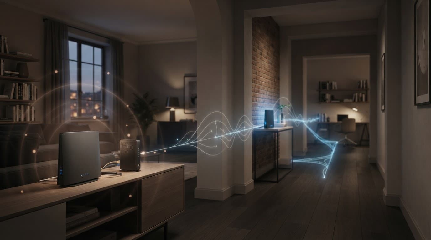 Un router vicino al modem e un secondo dispositivo estendono il segnale verso lo studio.