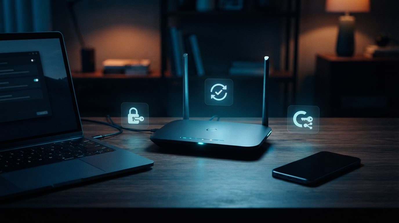 Un router al centro della scrivania, vicino a laptop e smartphone.