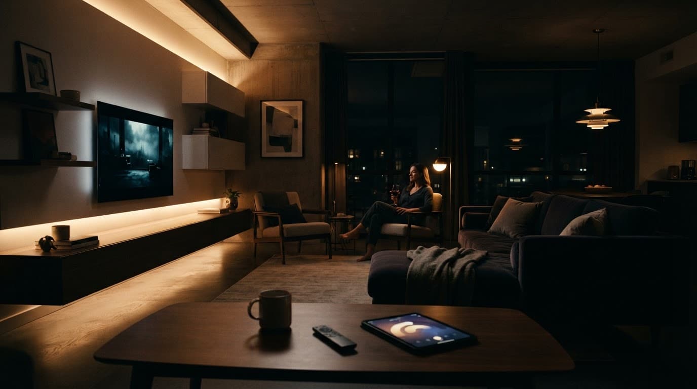 Salotto moderno con luci intelligenti, divano elegante e una persona sullo sfondo.