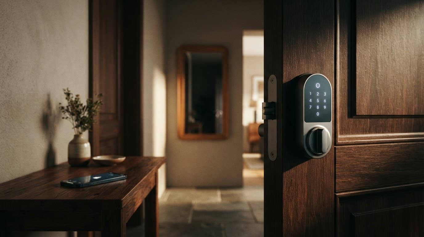 Serratura smart su una porta in legno con smartphone vicino.