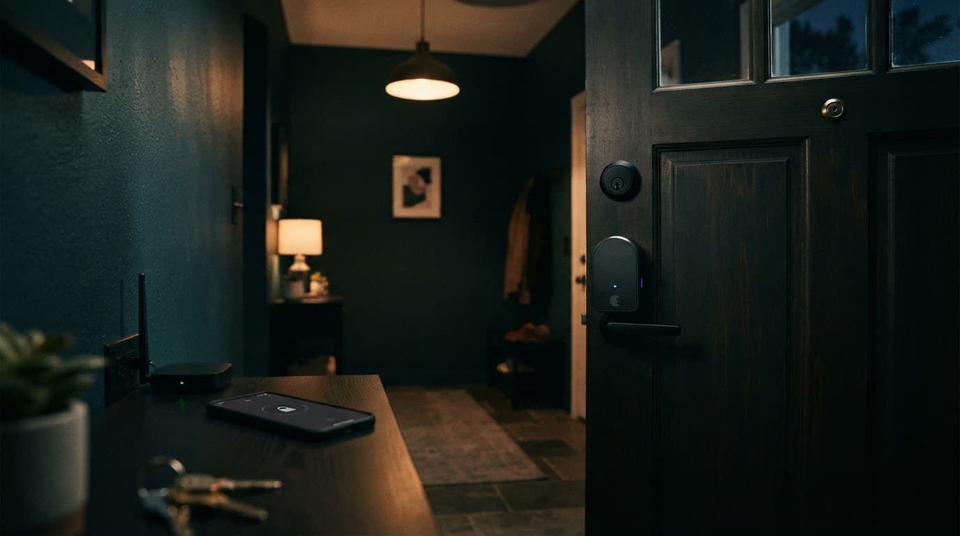 Porta d'ingresso con serratura smart, ponte wireless e smartphone separati su un tavolo.