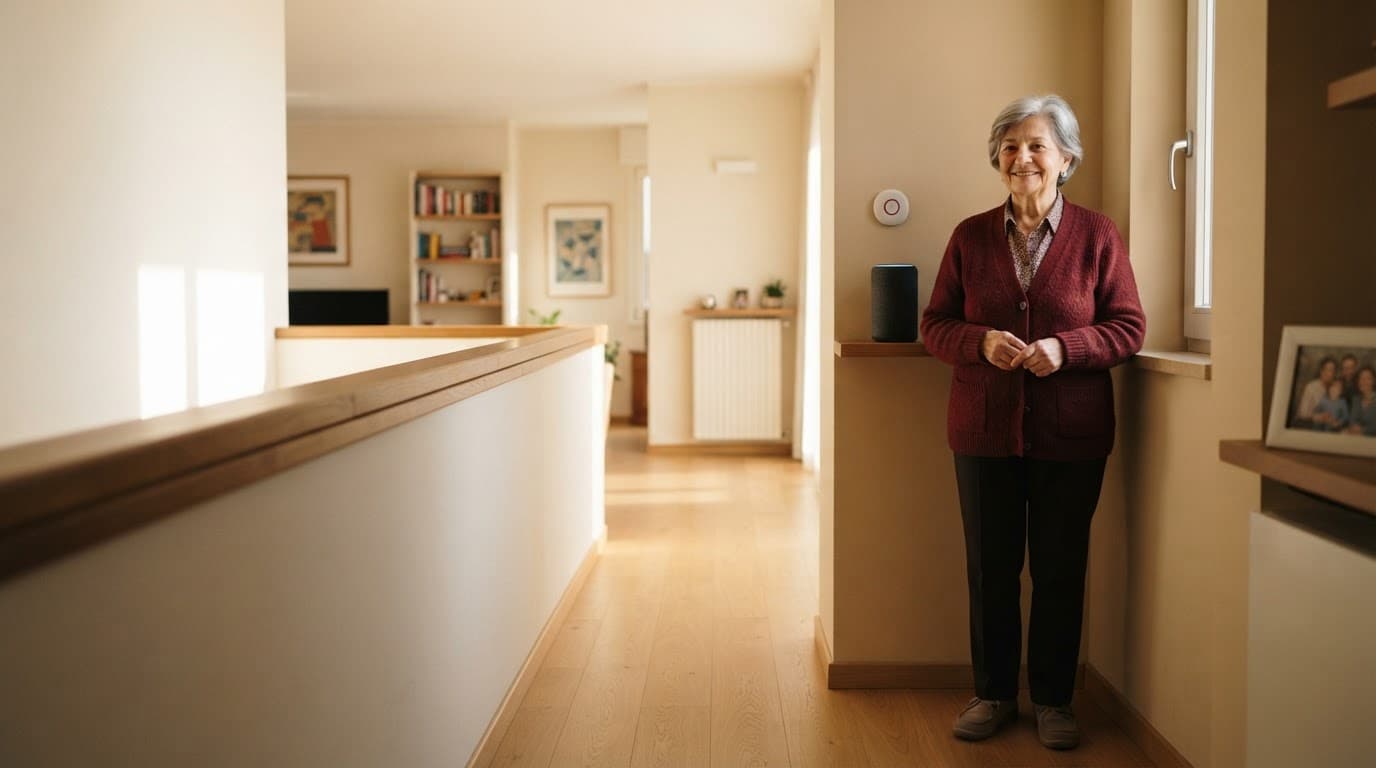 Donna anziana in un corridoio luminoso con corrimano, pulsante d'emergenza e smart speaker.