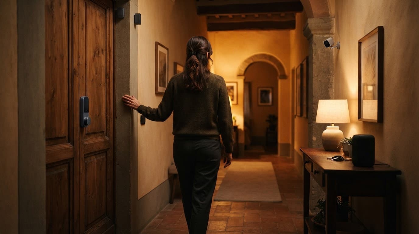 Donna entra in casa con serratura, sensore, videocamera e speaker vocale visibili.
