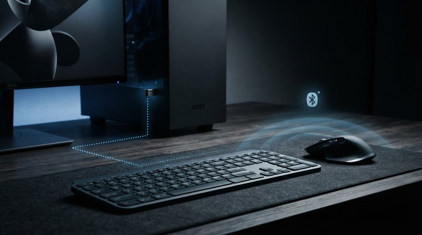 Tastiera e mouse wireless davanti a un monitor, con ricevitore USB e icona Bluetooth astratta.