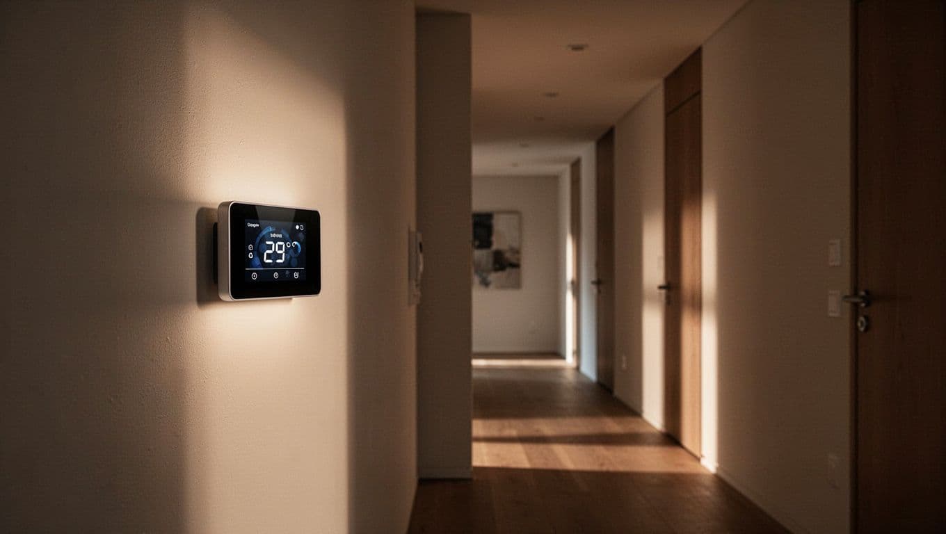 Termostato smart fissato a una parete in un corridoio moderno illuminato con luce calda.