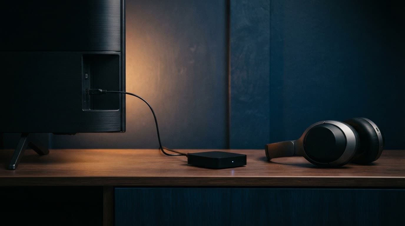 Cuffie wireless accanto a un trasmettitore Bluetooth collegato all'uscita ottica del televisore.