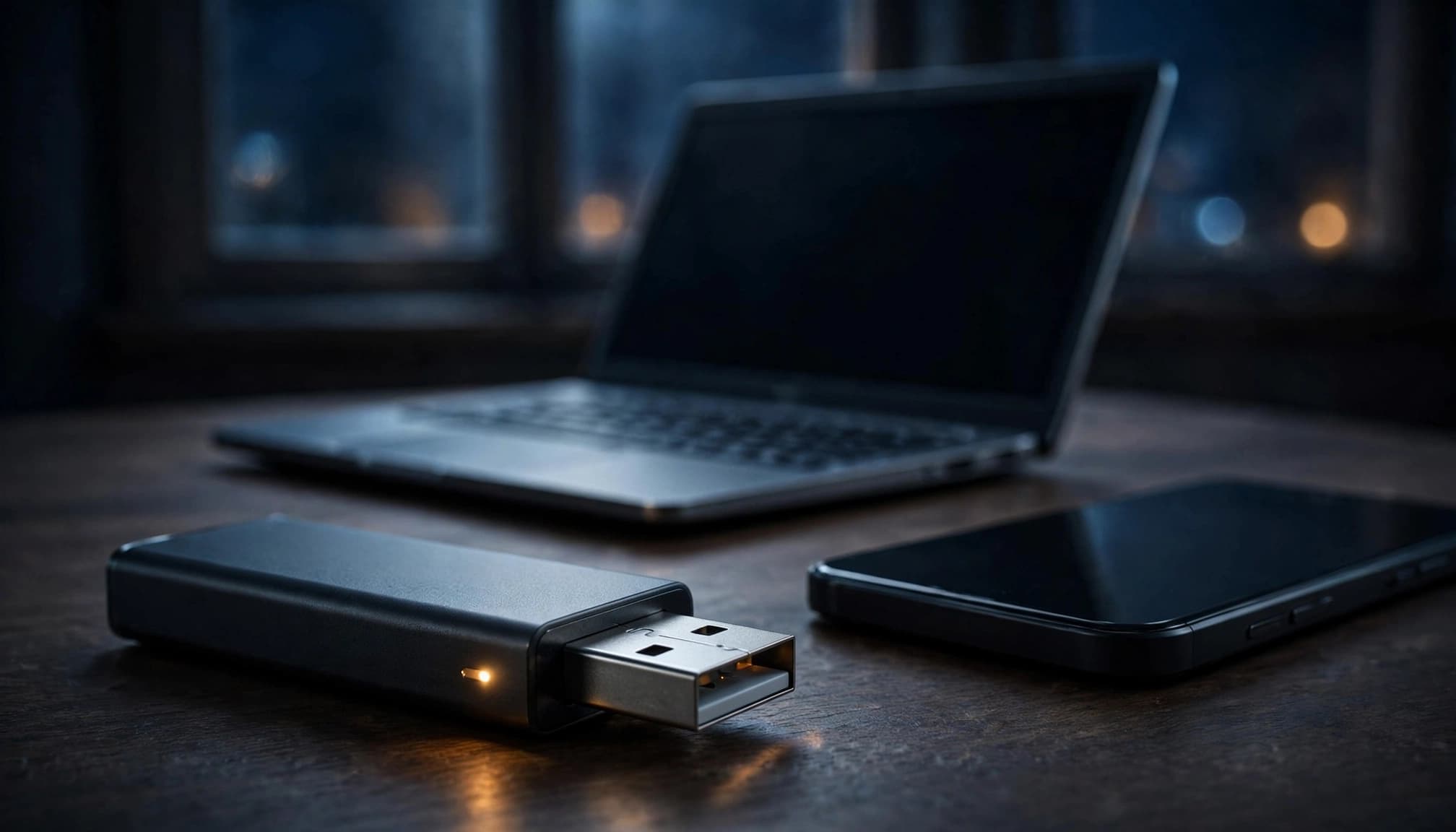Chiavetta internet USB accanto a laptop e smartphone su un tavolo vicino alla finestra.