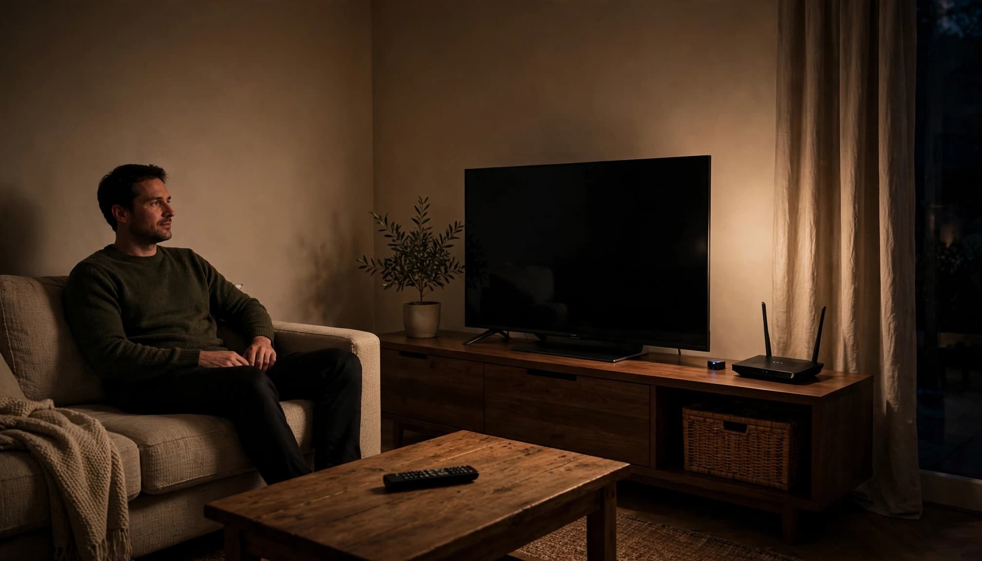 Una persona siede vicino a una smart TV, con router Wi-Fi e telecomando visibili.