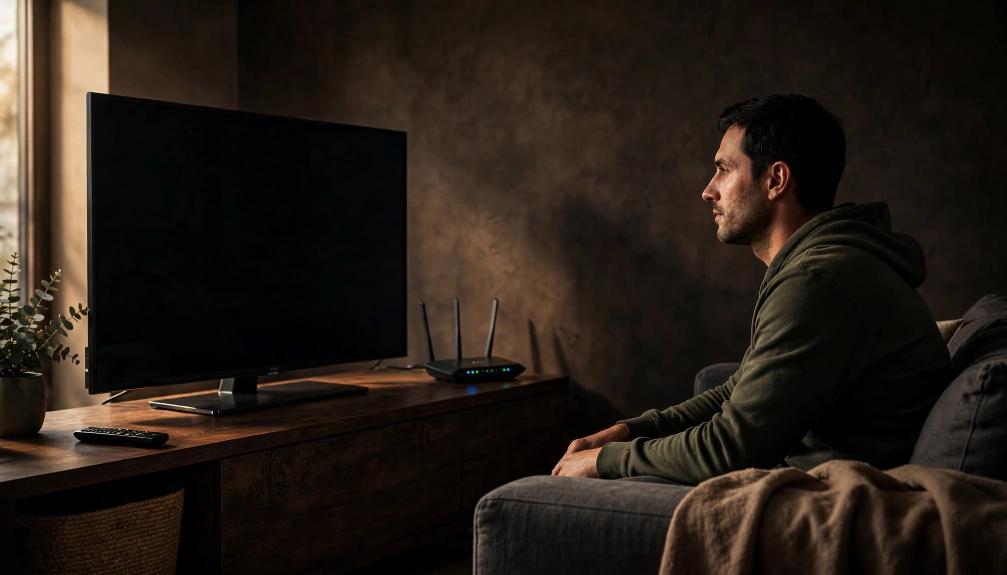 Una persona controlla la connessione della smart TV con router e telecomando vicini.