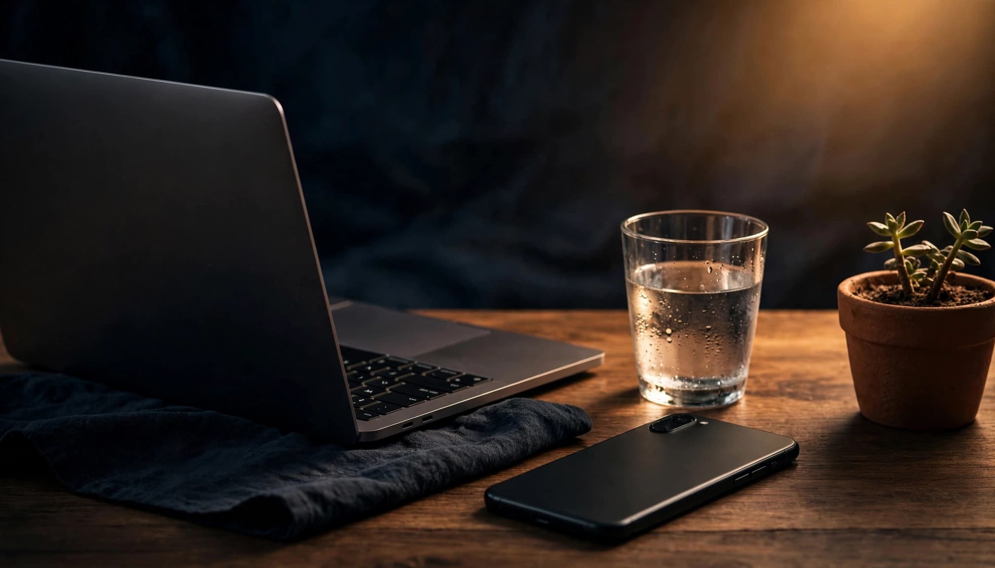 Laptop e smartphone su una scrivania con pianta e bicchiere d'acqua, illuminati da una luce calda.