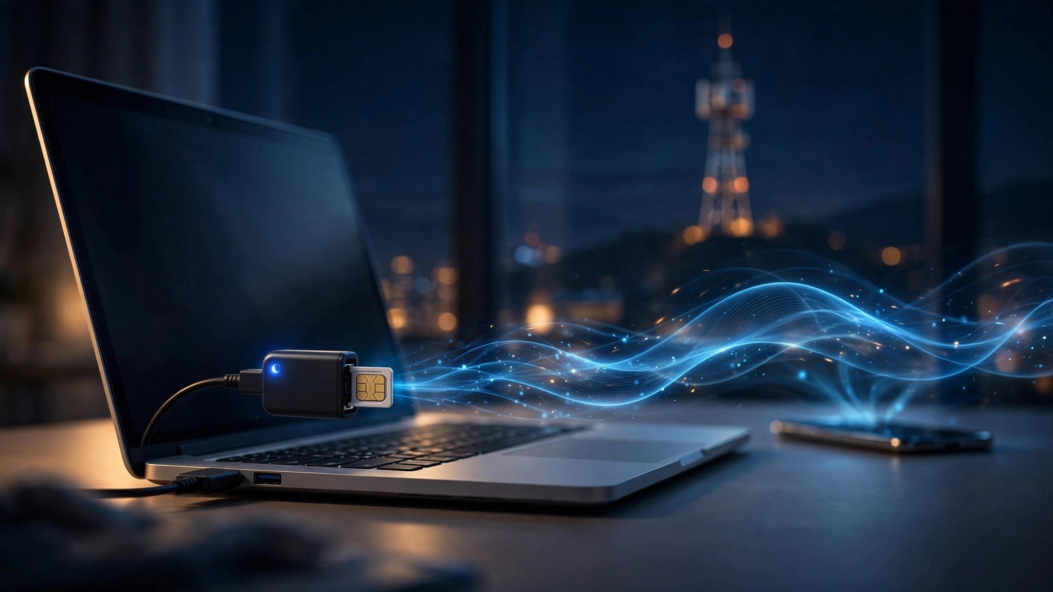 Chiavetta USB collegata a un laptop, con segnali mobili verso smartphone e antenna cellulare.