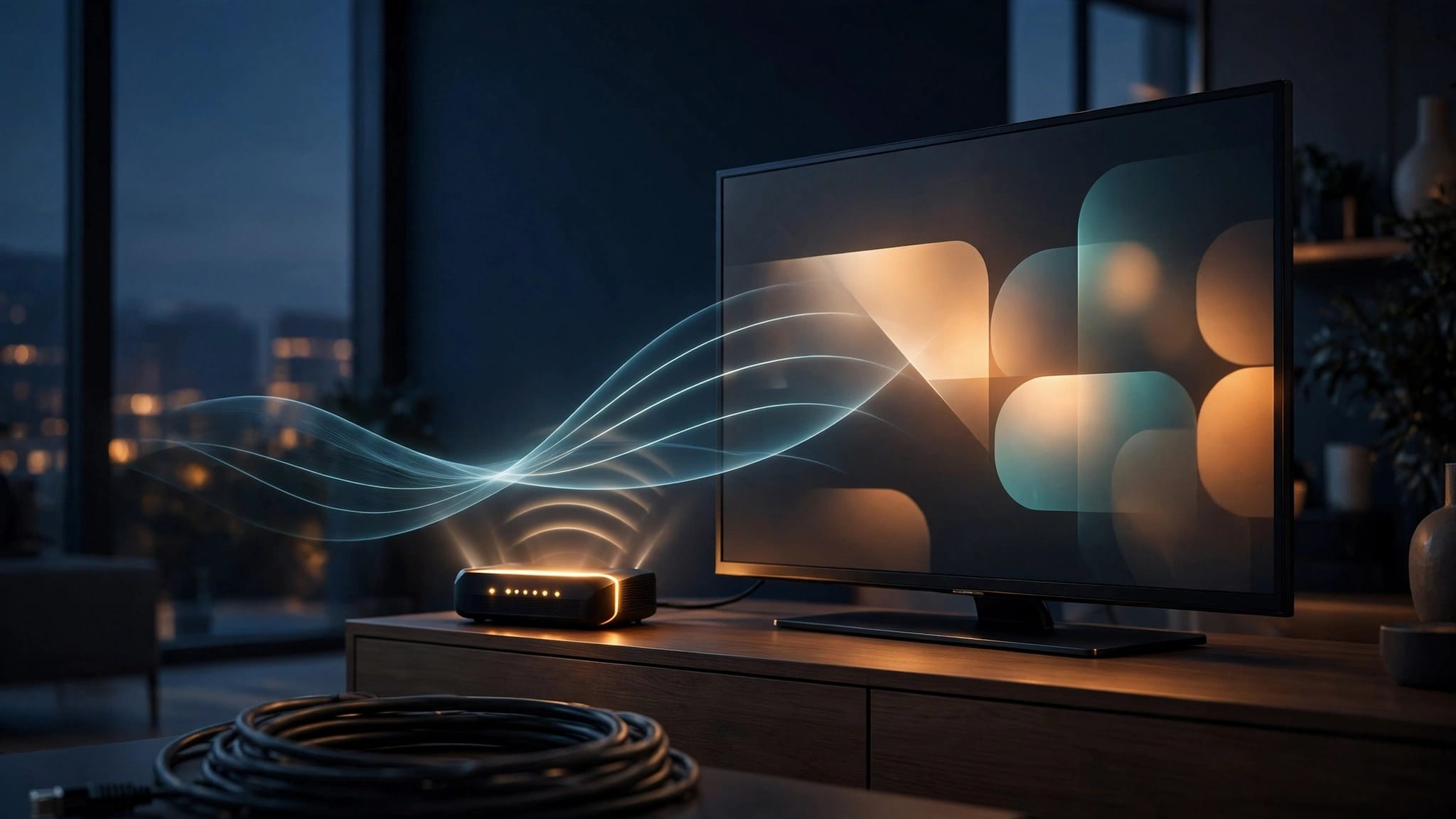 Smart TV collegata senza fili a un router Wi‑Fi luminoso.