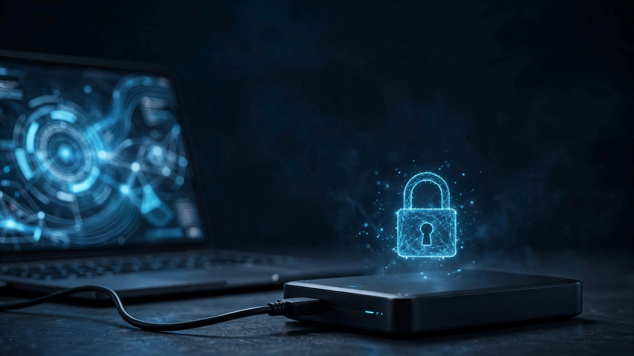 Hard disk esterno nero collegato a un laptop con simbolo luminoso del lucchetto.